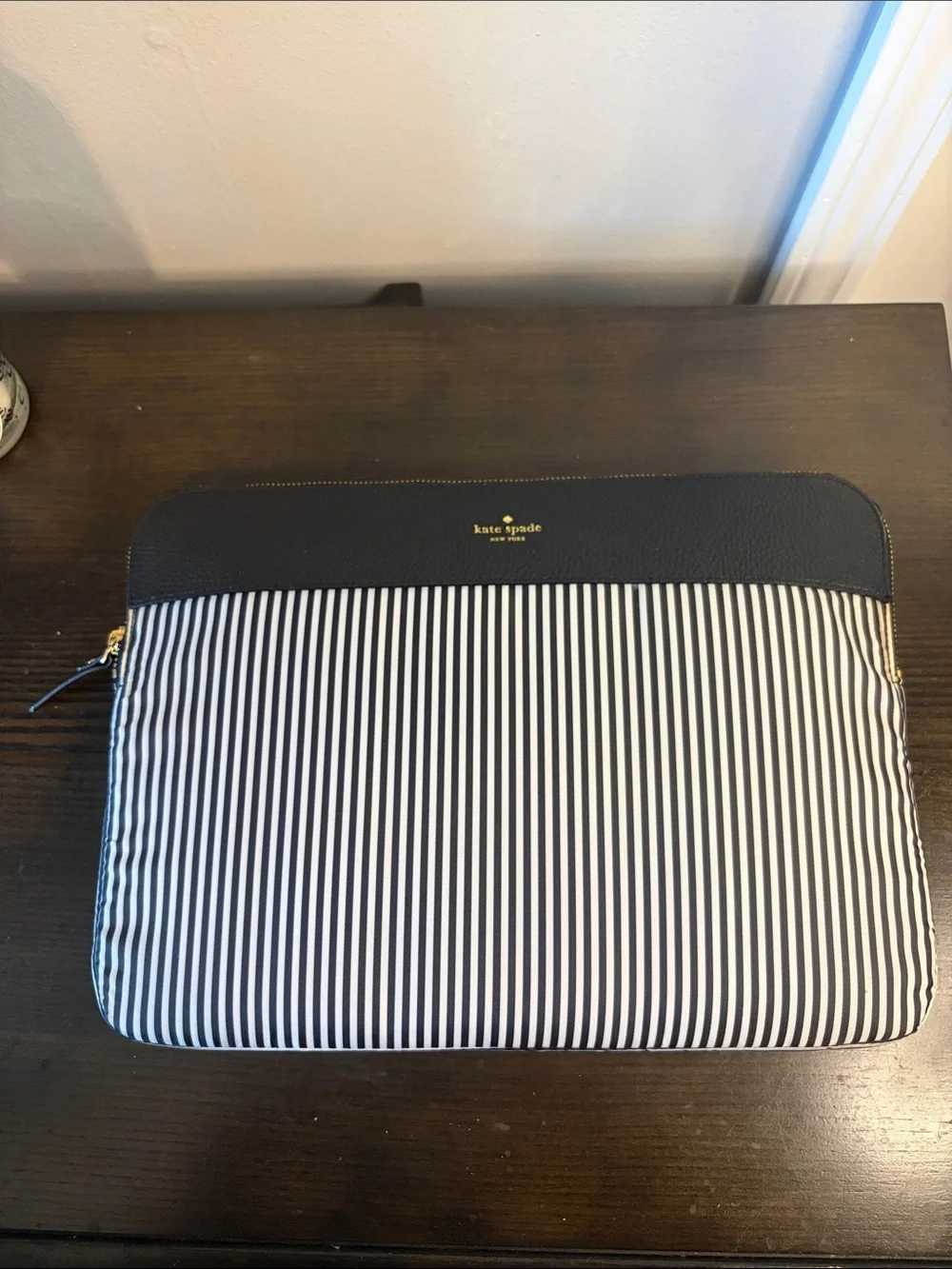 kate spade Black and White Vertical Stripe Laptop Sleeve with Gold Logo